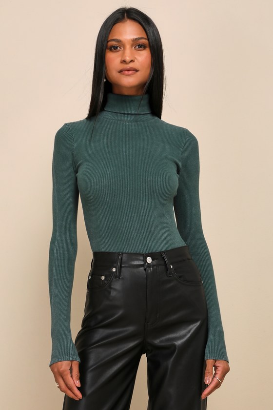 Washed Green Bodysuit - Turtleneck Top - Ribbed Knit Bodysuit - Lulus