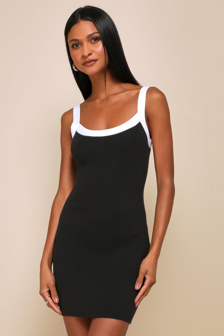 Black Color Block Dress - Ribbed Knit Dress - Mini Sweater Dress 