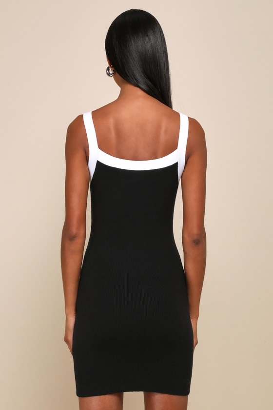 Lulus Effortless Influence Black Ribbed Color Block Mini Sweater Dress In Black