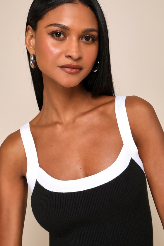 Lulus Effortless Influence Black Ribbed Color Block Mini Sweater Dress In Black