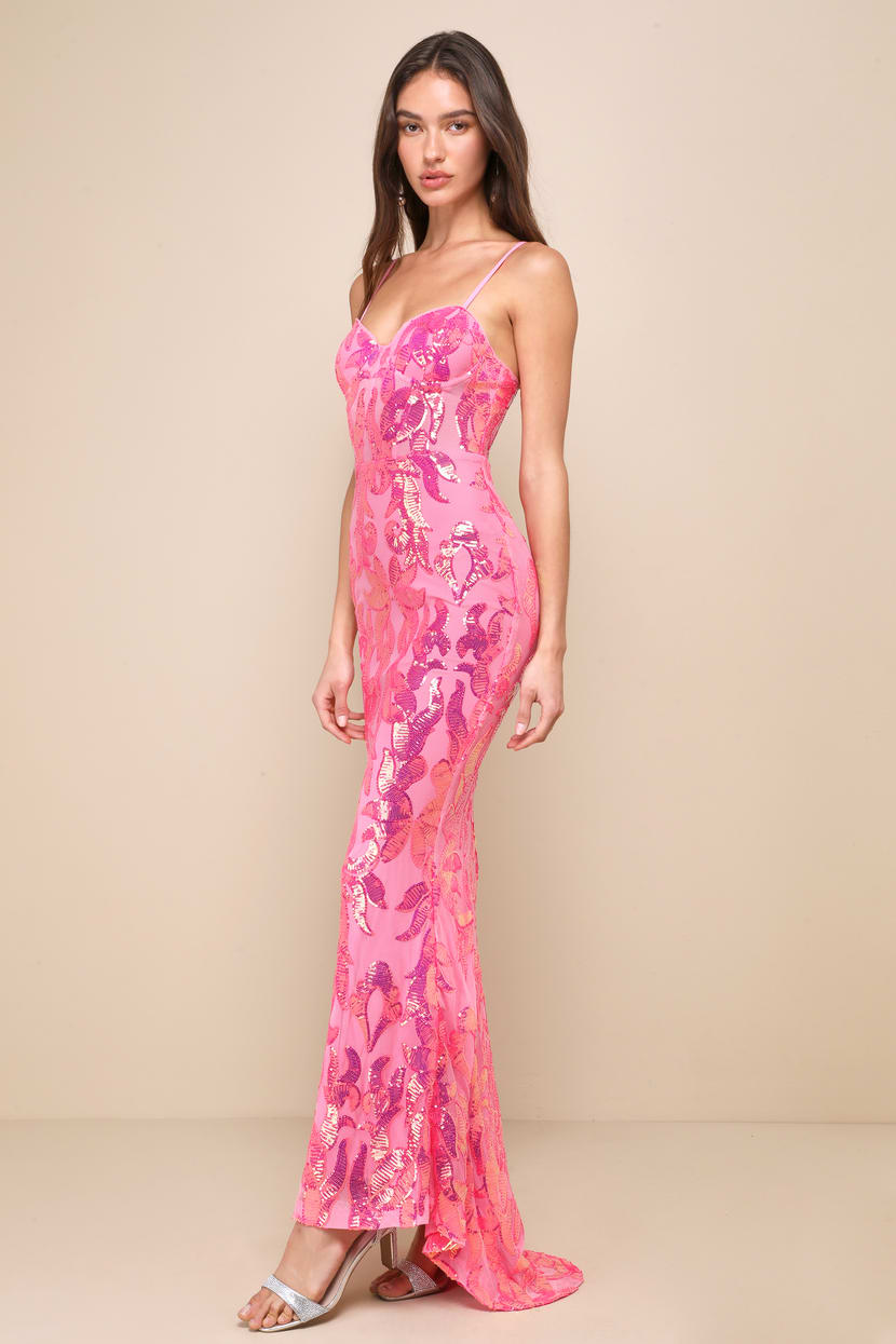 Pink Mermaid Maxi Dress - Iridescent Sequin Dress - Bustier Dress - Lulus