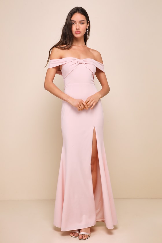 Elegant Perception Light Pink Off-the-Shoulder Bow Maxi Dress 3