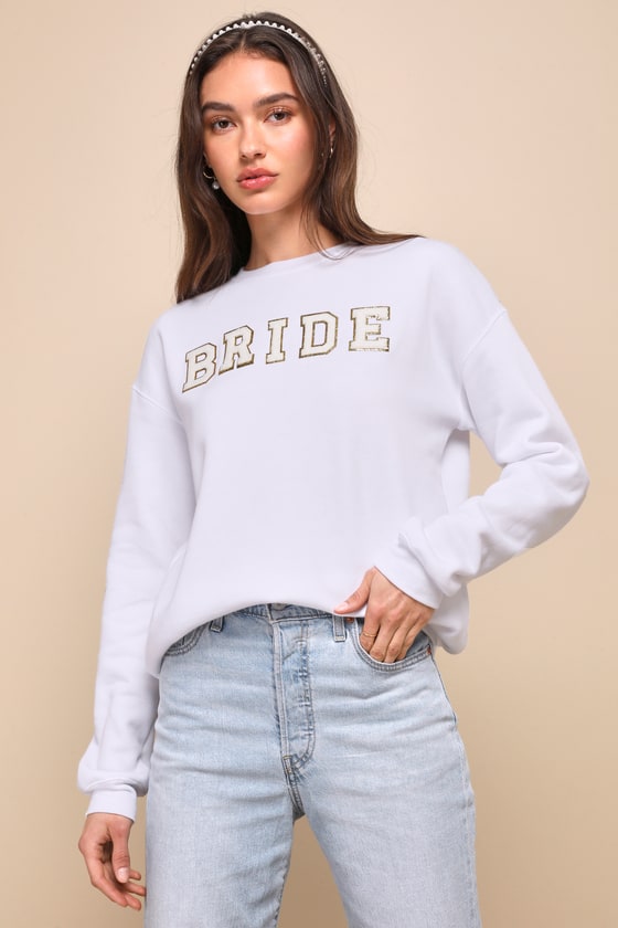 Shop Lulus Marriage Material White Bride Patch Pullover Sweatshirt