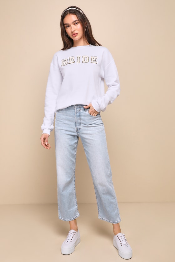 Shop Lulus Marriage Material White Bride Patch Pullover Sweatshirt