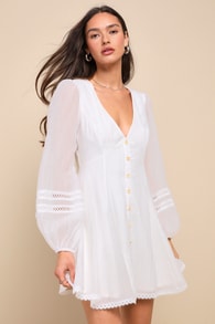 Strolling Sweetie White Crochet Button-Front Mini Dress