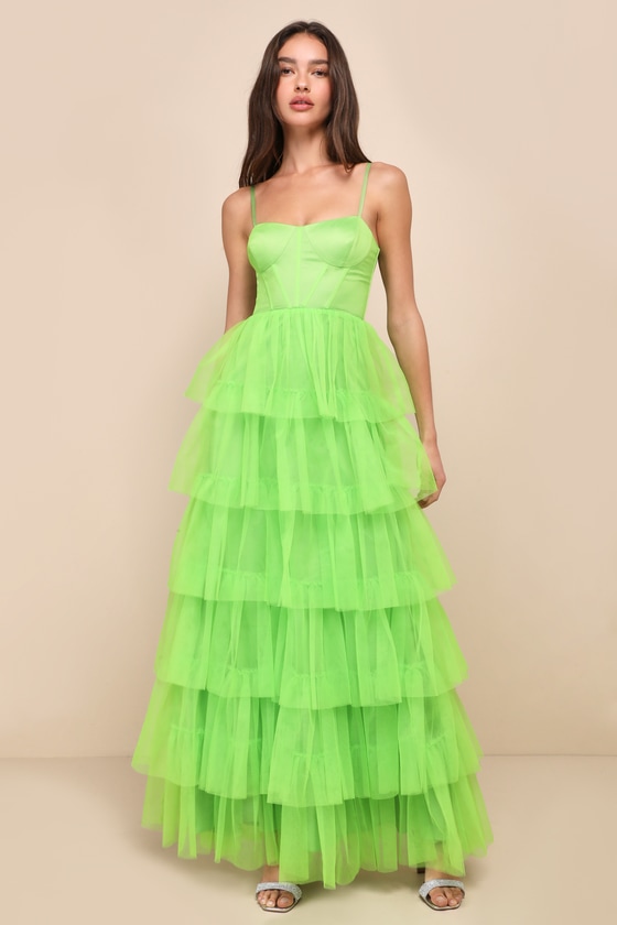 Rule the Runway Lime Green Tulle Bustier Tiered Maxi Dress 1
