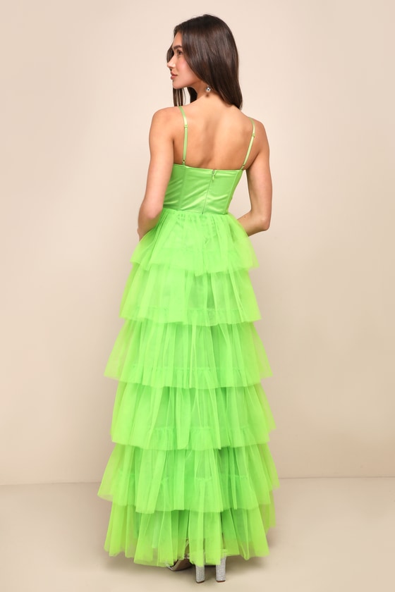Rule the Runway Lime Green Tulle Bustier Tiered Maxi Dress 2