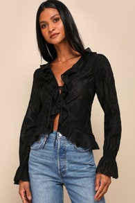 Chic Quality Black Floral Embroidered Ruffled Tie-Front Top