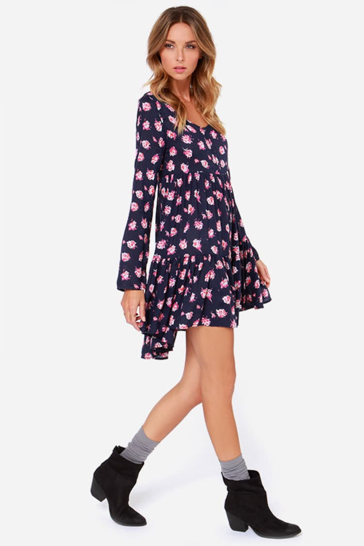 Volcom Nevermore - Navy Blue Dress - Floral Print Dress - Long Sleeve Dress  - $55.00 - Lulus