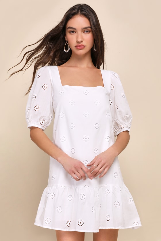 White Eyelet Dress - Puff Sleeve Dress - Embroidered Mini Dress - Lulus