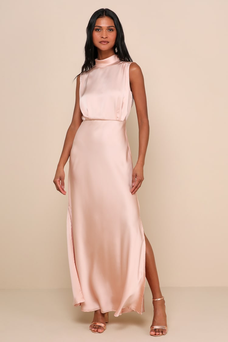 Blush Satin Dress - Mock Neck Maxi Dress - Sleeveless Dress - Lulus