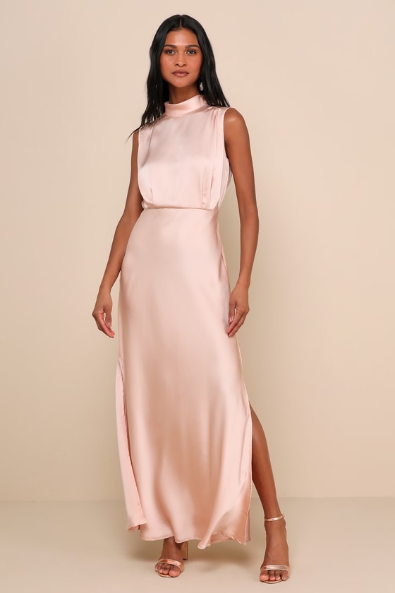 Classic Elegance Blush Satin Sleeveless Mock Neck Maxi Dress 1