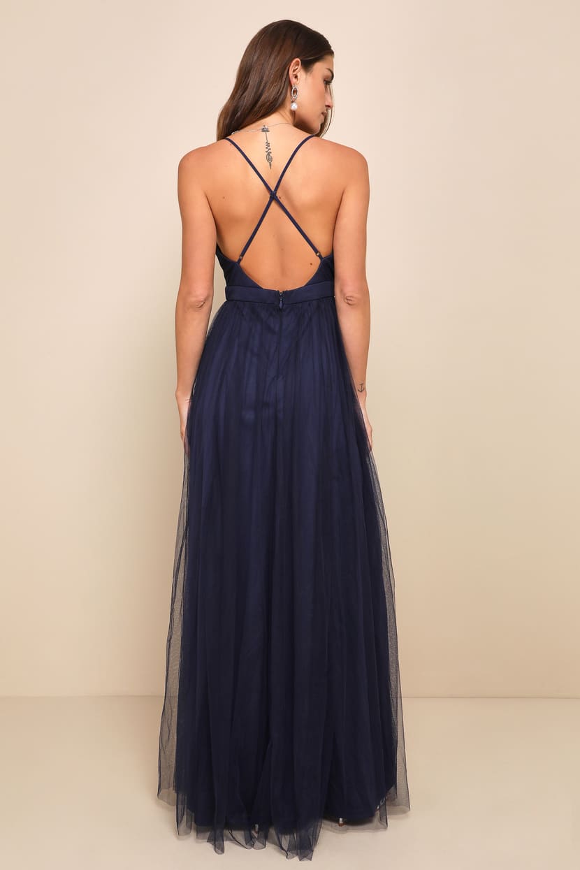 blue dress for baby girl A-Line Deep V-Neck Sweep Train Black Tulle Prom Dress PSK098 US4 / Black