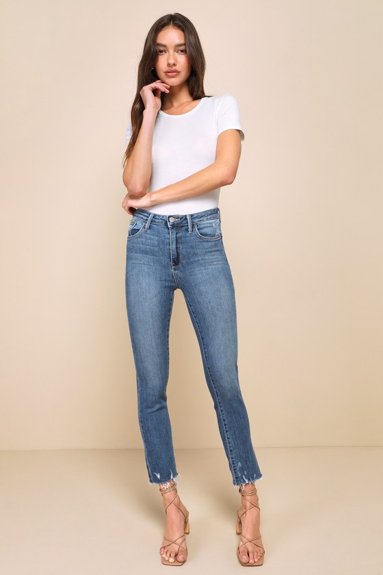 High-Waist Wash Raw Hem Jeans main image 1