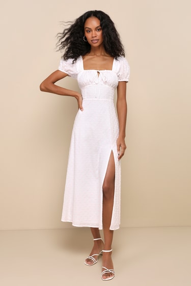 Beloved Darling White and Pink Embroidered Polka Dot Midi Dress