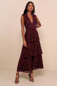 Molinetto Burgundy Lace Ruffled Tiered Sleeveless Maxi Dress
