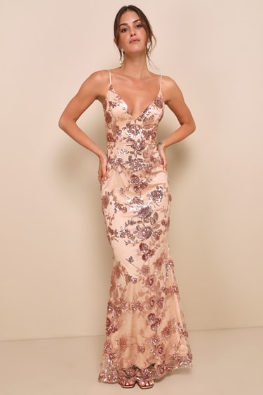 Pretty Rose Gold Maxi Dress Sequin Maxi Dress Mermaid Dress