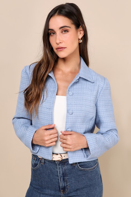 Shop Lulus Elevated Sensibility Blue Tweed Cropped Collared Jacket