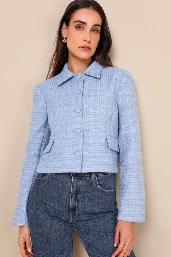 Shop Lulus Elevated Sensibility Blue Tweed Cropped Collared Jacket