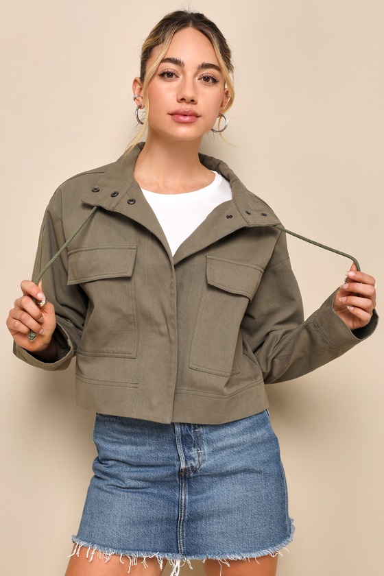 Shop Lulus Impressive Trend Olive Green Twill Cropped Utility Jacket