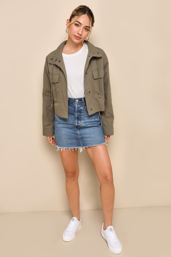 Impressive Trend Olive Green Twill Cropped Utility Jacket 3