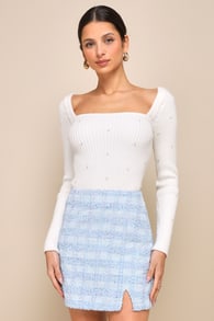 Unlimited Cuteness Light Blue Plaid Tweed Mini Skirt