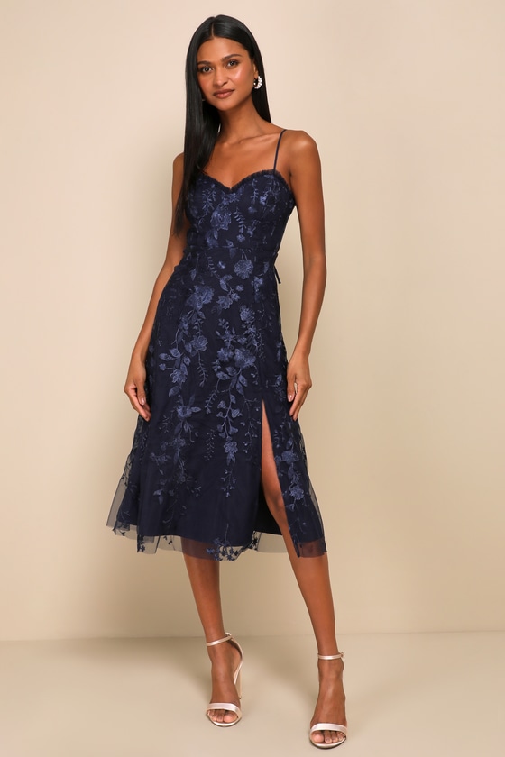 Charmingly Sophisticated Navy Blue Tulle Embroidered Midi Dress 1
