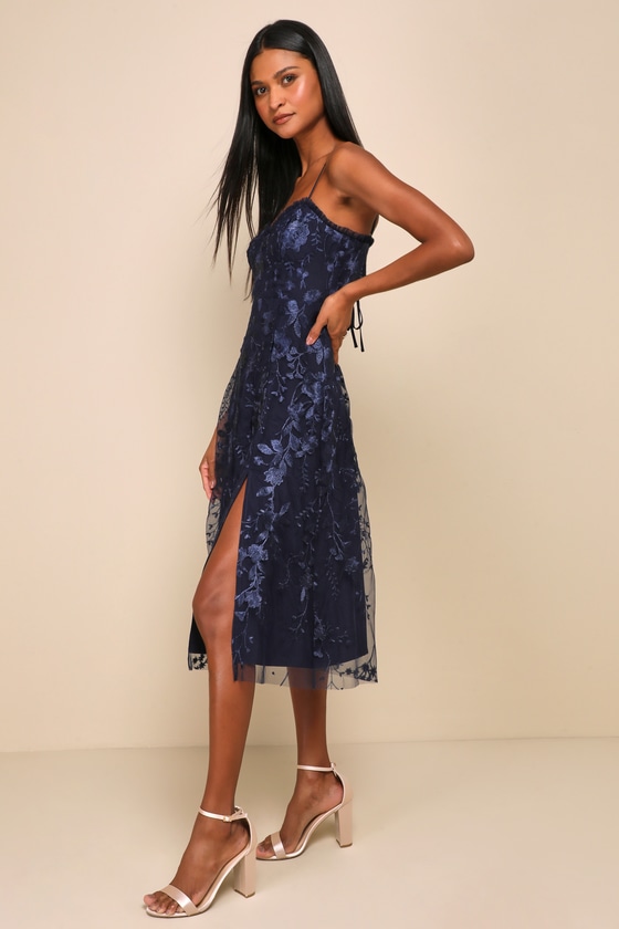 Lulus Charmingly Sophisticated Navy Blue Tulle Embroidered Midi Dress In Navy Blue