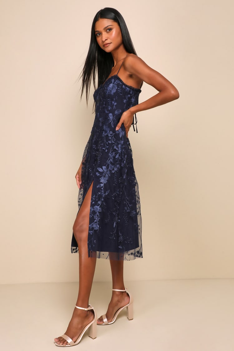 Charmingly Sophisticated Navy Blue Tulle Embroidered Midi Dress