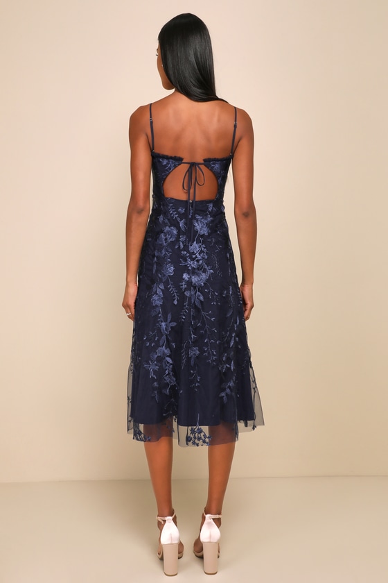 Lulus Charmingly Sophisticated Navy Blue Tulle Embroidered Midi Dress In Navy Blue