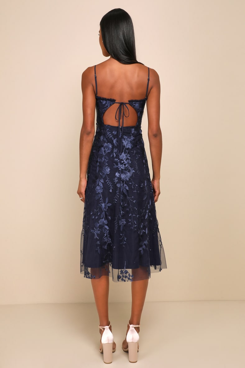 Charmingly Sophisticated Navy Blue Tulle Embroidered Midi Dress