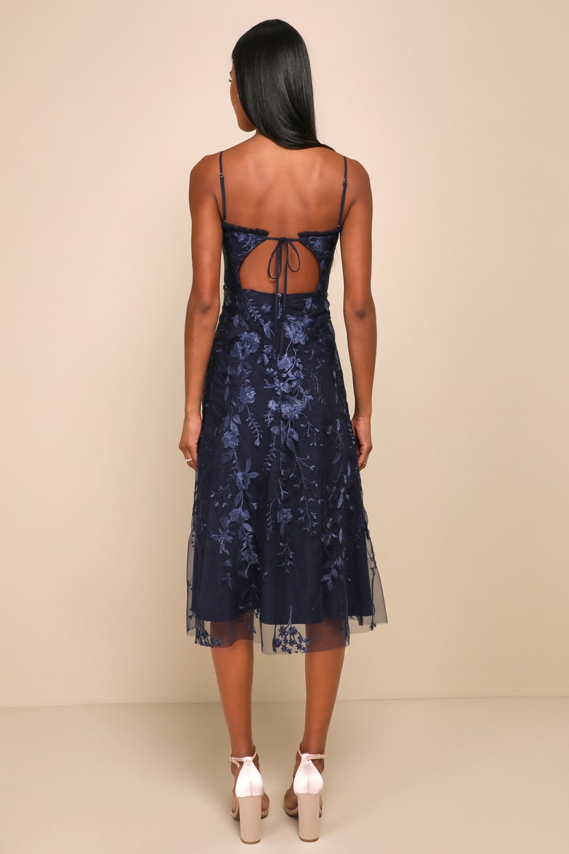 Charmingly Sophisticated Navy Blue Tulle Embroidered Midi Dress