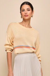 Warmest Intentions Beige Striped Crew Neck Pullover Sweater