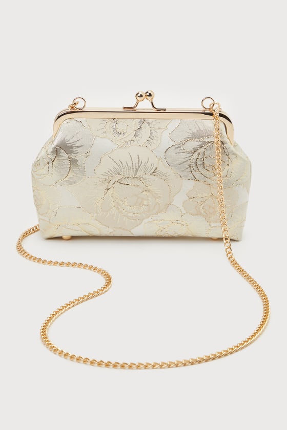 Lulus Posh Styling Ivory And Gold Satin Floral Lurex Clutch