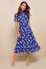 Floral Dressed Up Royal Blue Floral Print Midi Dress