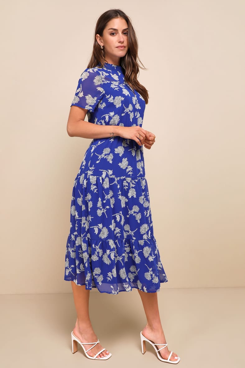 Floral Dressed Up Royal Blue Floral Print Midi Dress