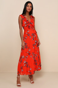 Loved By You Red Orange Floral Print Pleated Chiffon Maxi Dress
