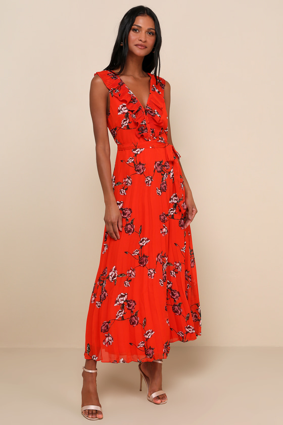 Red Orange Floral Print Dress Maxi Dress Pleated Dress Lulus