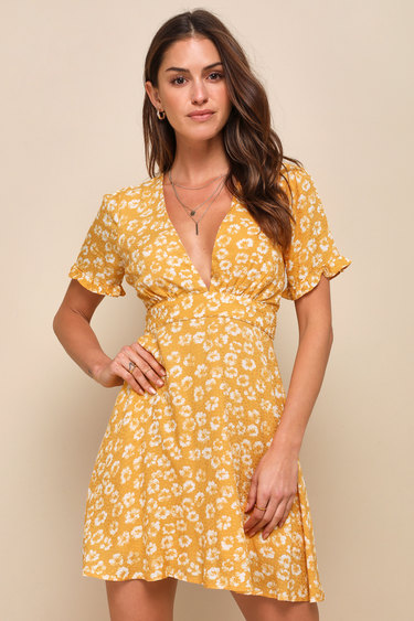 Yellow Floral Print Dress Floral Mini Dress Sundress Lulus