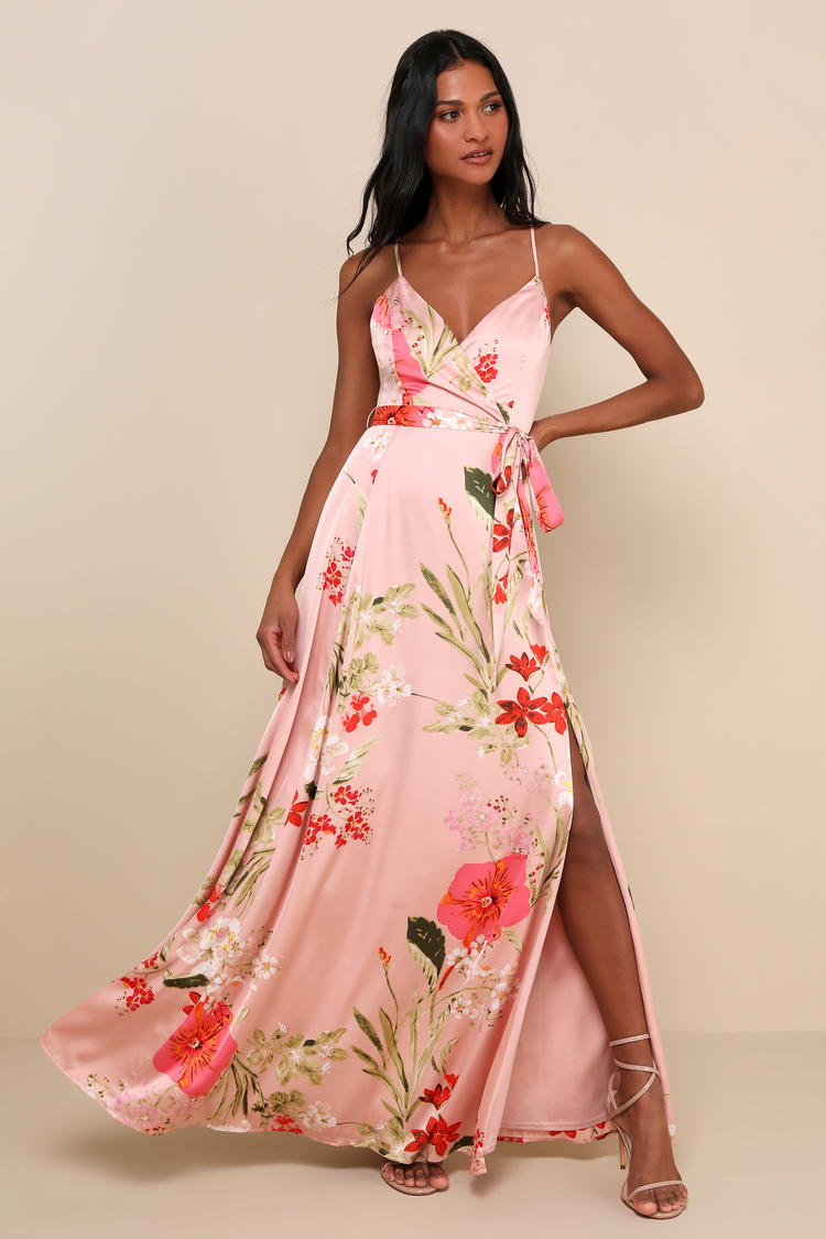 Pink Floral Satin Maxi Dress