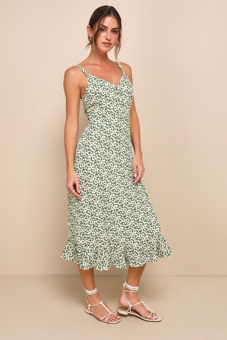 Green Floral Print Dress - Floral Midi Dress - Green Midi Dress - Lulus