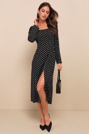 Lovely Black Polka Dot Dress - Midi Dress - Long Sleeve Dress - Lulus