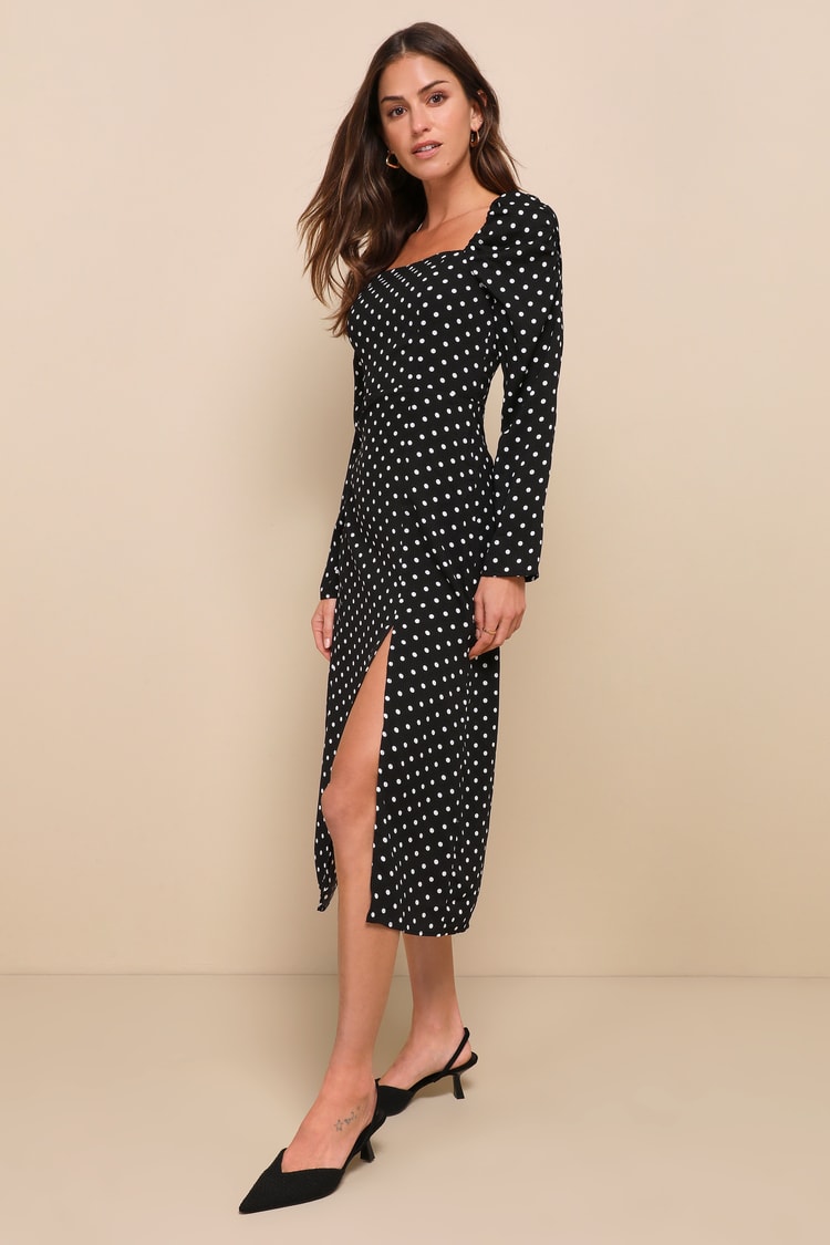 black white polka dot long sleeve dress Womens White/Black Polka Dot Belted Collared Long Sleeve Maxi Shirt Dress