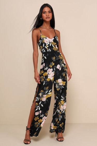 Lovely Floral Print Jumpsuit Wide Leg Jumpsuit Black Jumpsuit
