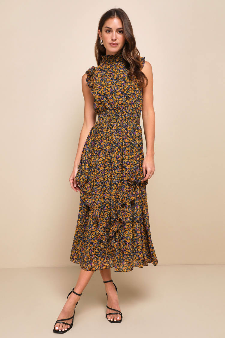 Evalina Mustard Yellow Floral Print Mock Neck Midi Dress