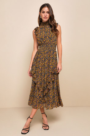 evalina navy blue floral print mock neck midi dress Navy Blue Floral Print Mock Neck Midi Dress | Womens | Medium (Available in L) | 100% Polyester