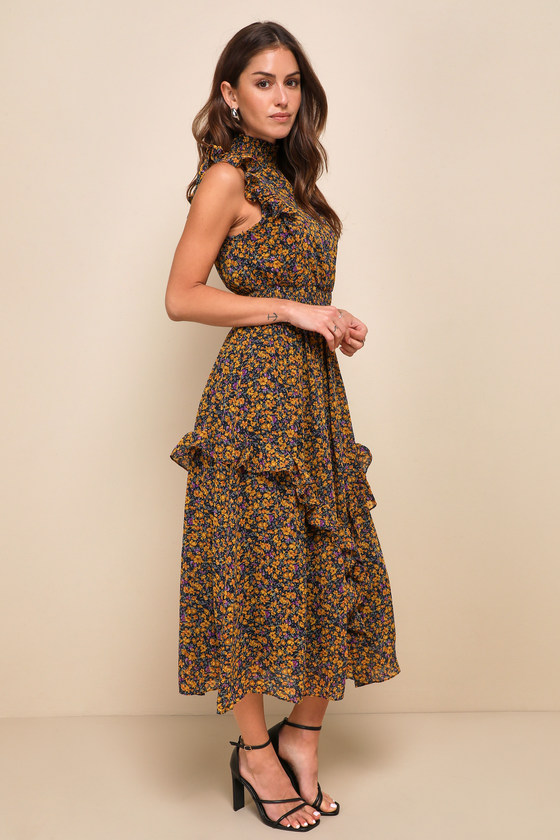 Mustard Yellow Floral Print Dress - Mock Neck Dress - Midi Dress - Lulus