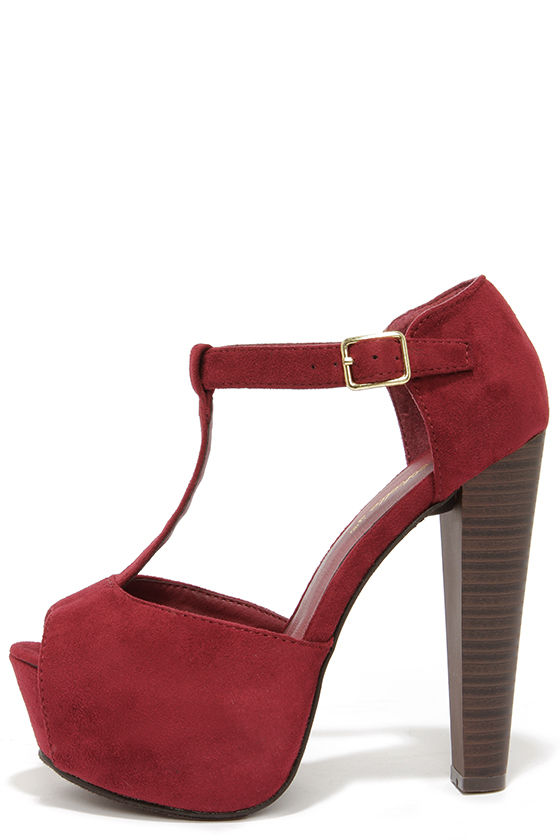wine colored open toe heels