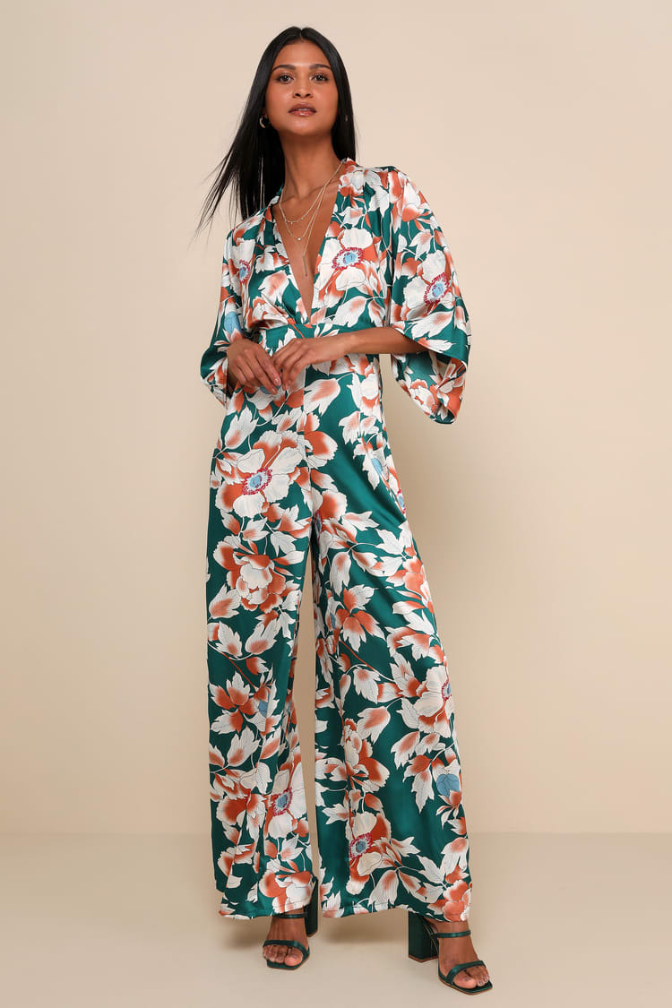 Teal Floral Print Jumpsuit - Wide-Leg Jumpsuit - V-Neck Jumpsuit