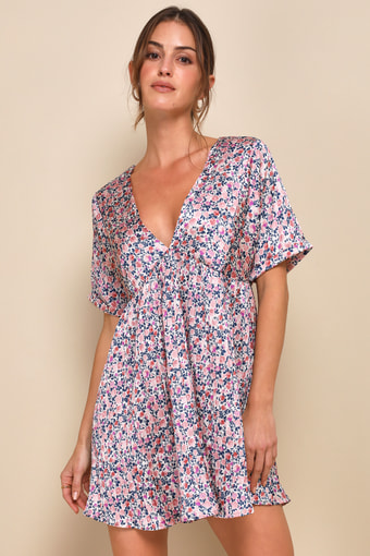 Express Yourself Blush Pink Floral Print Satin Babydoll Dress 6